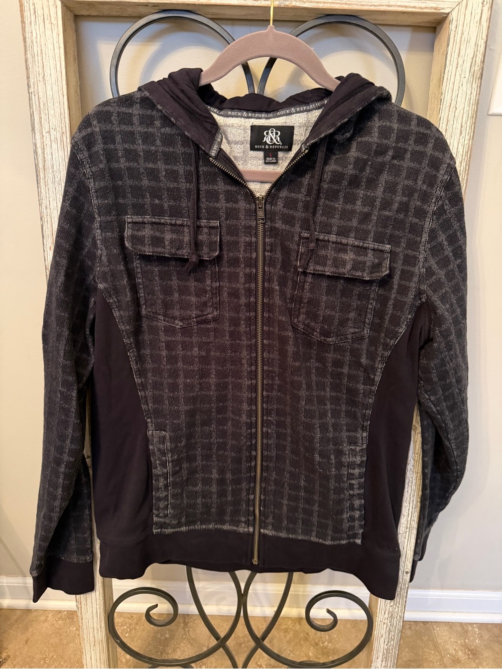Rock & Republic Y2K Grunge Checkered Full Zip Hoodie Jacket Black Large
